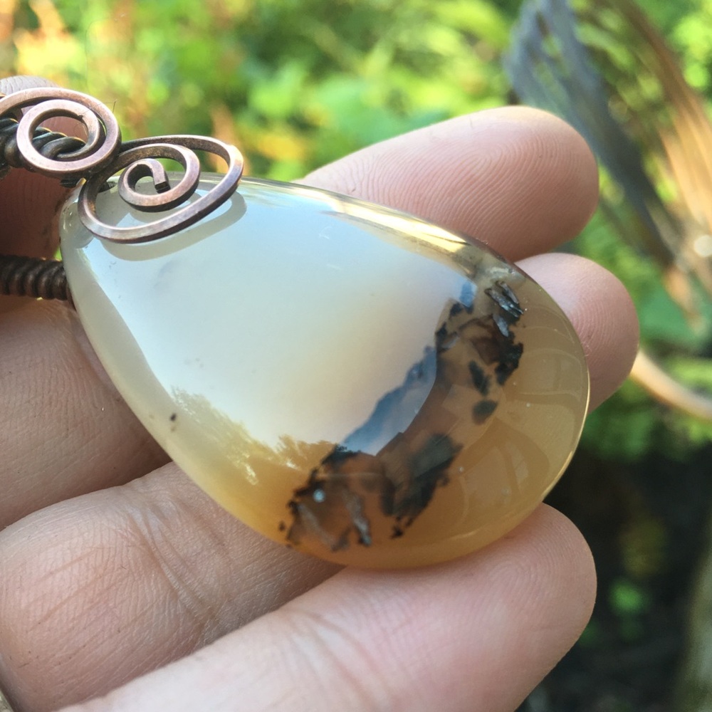 Copper Wire wrapped agate pendant necklace - Picture 4 of 7